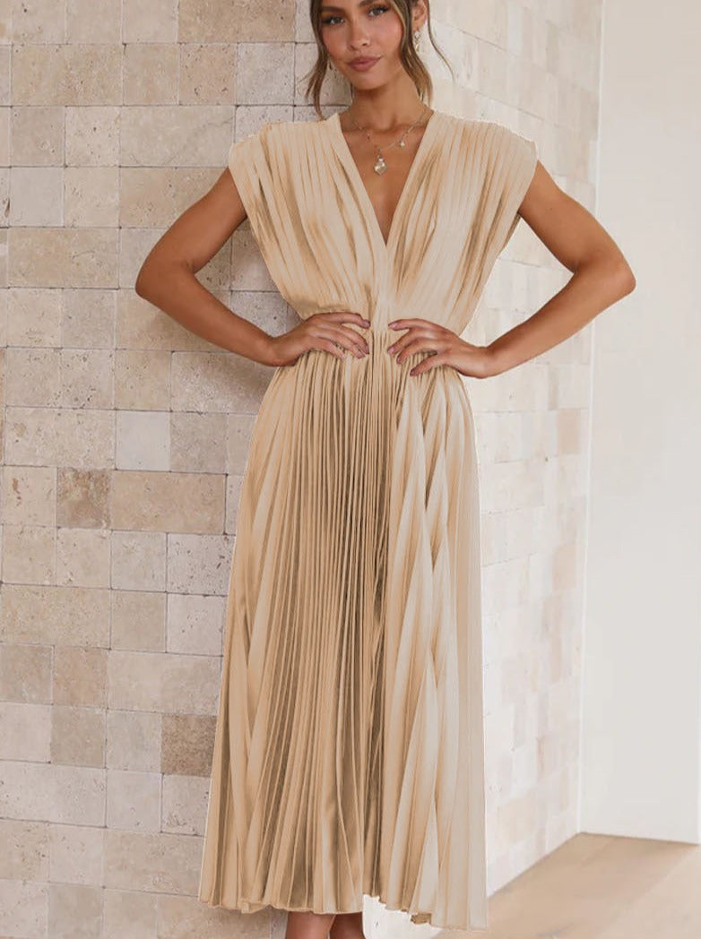 Champagne Casual V-Neck Pleated Dress