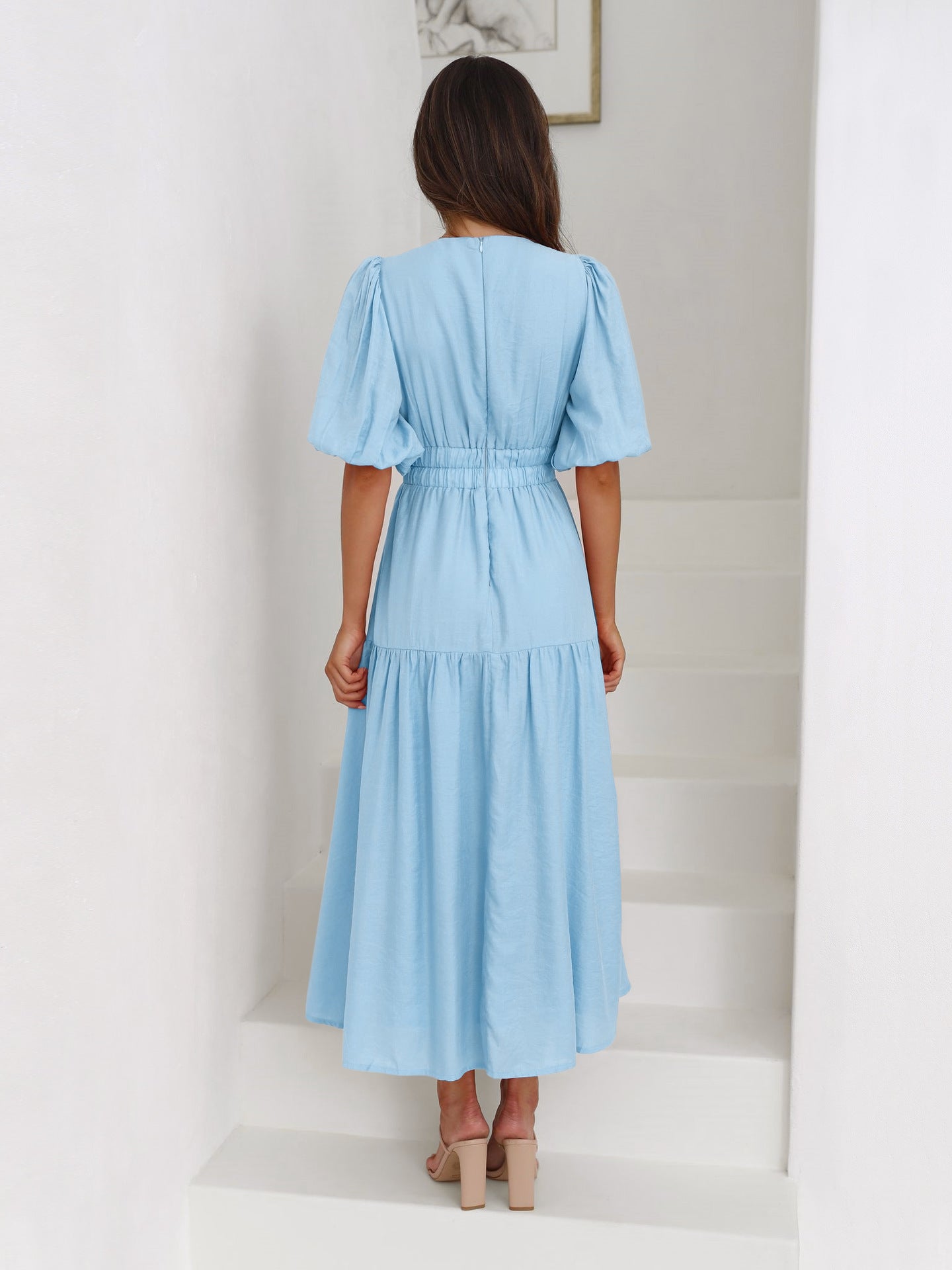 Sky Blue Deep V-Neck Puff Sleeve Layered Dress