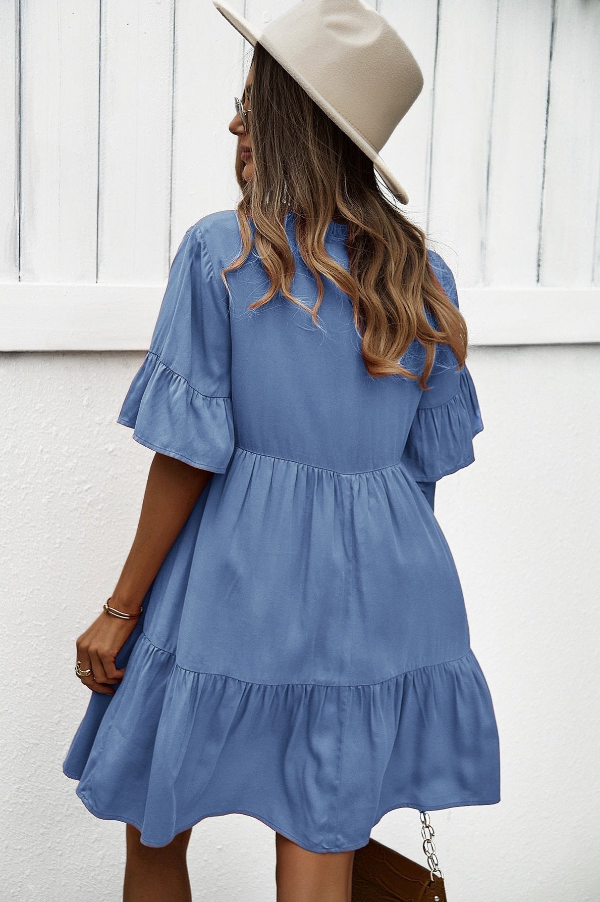 Blue Sexy Frill V-Neck Drawstring Tie Smock Dress