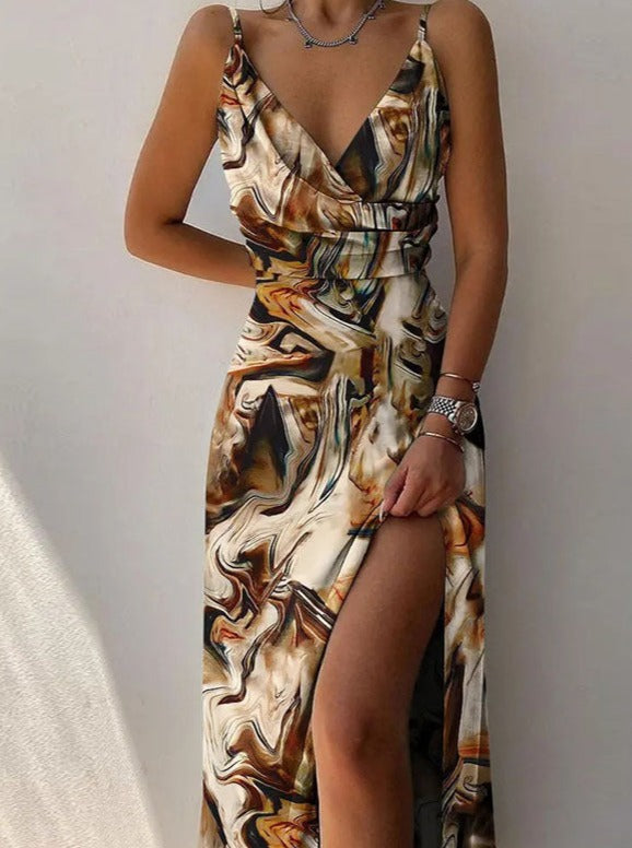 Women's Sleeveless V-Neck A-Line Sexy Slit Dress