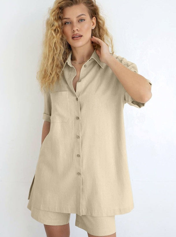 Two Piece Solid Color Casual Half Sleeve Shirt and Shorts Set