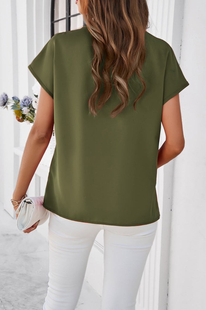 Green Elegant V-Neck Lace Short Sleeve Shirt