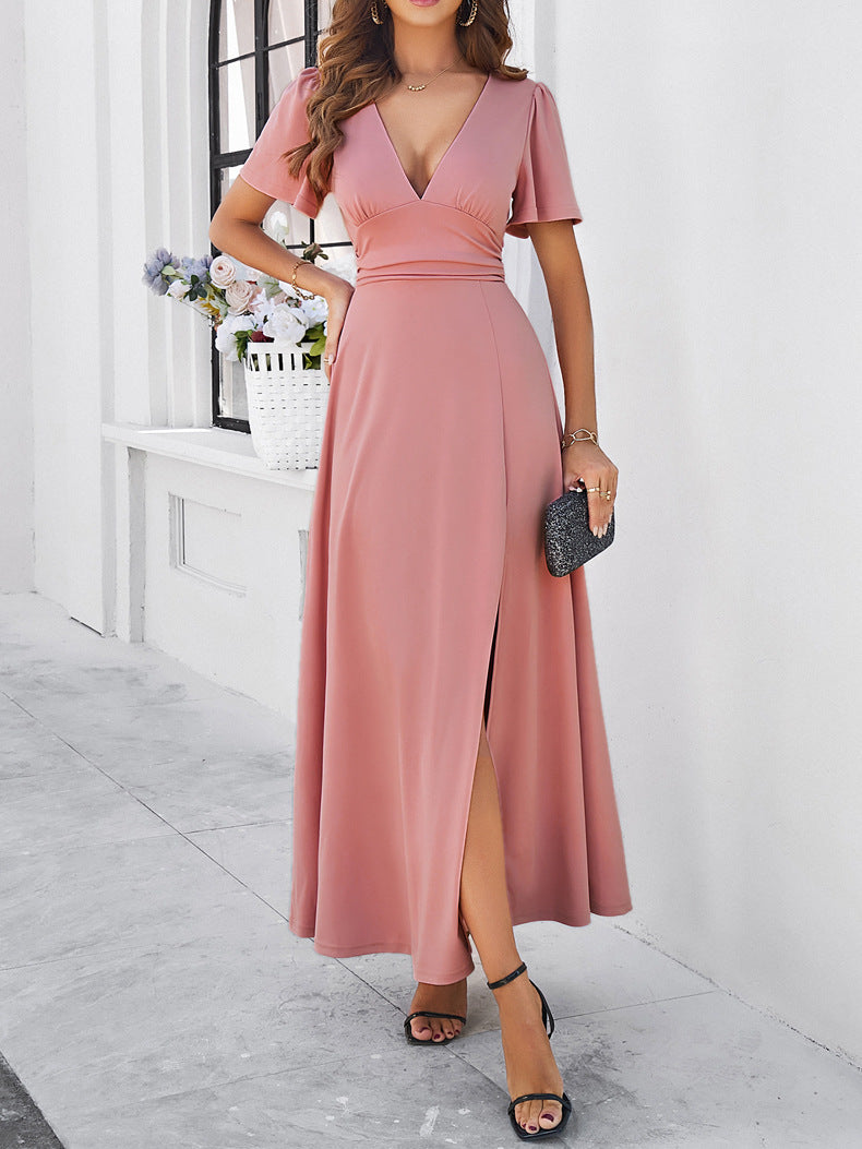 Solid Color Temperament Slit V-Neck Slim Dress