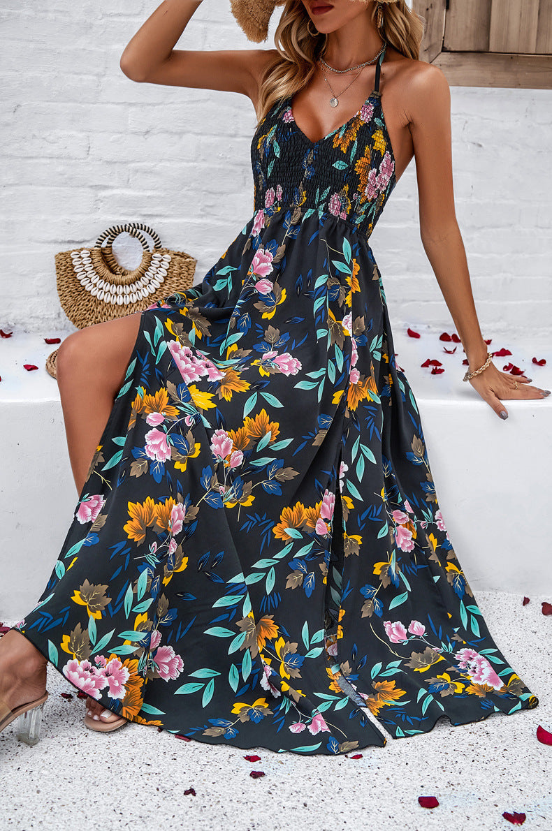 Classy Black V-Neck Halter Floral Maxi Dress