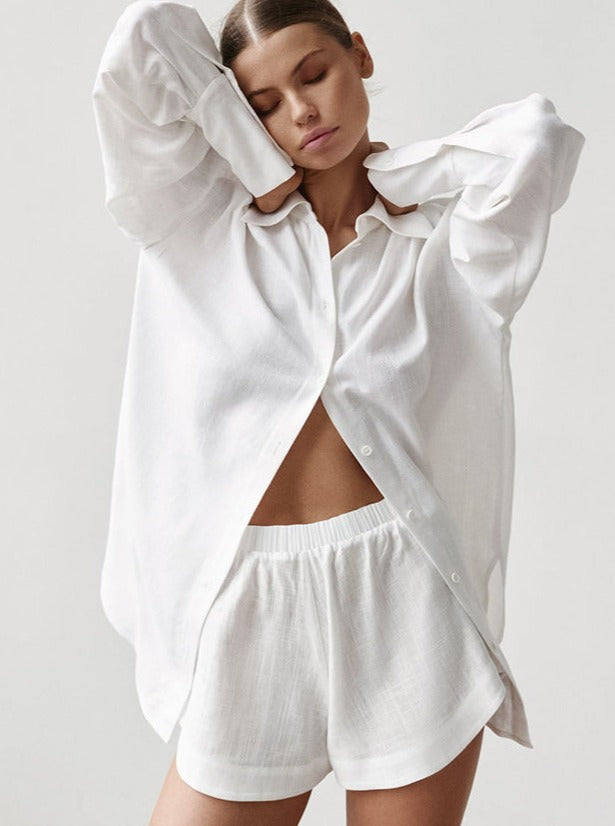 Simple White Collared Long-Sleeved And Short Set