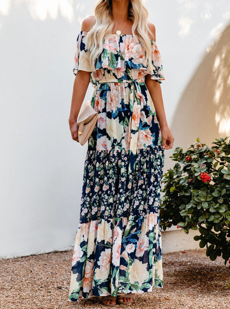 Navy Blue Floral Retro Printed Off Shoulder Maxi Dress