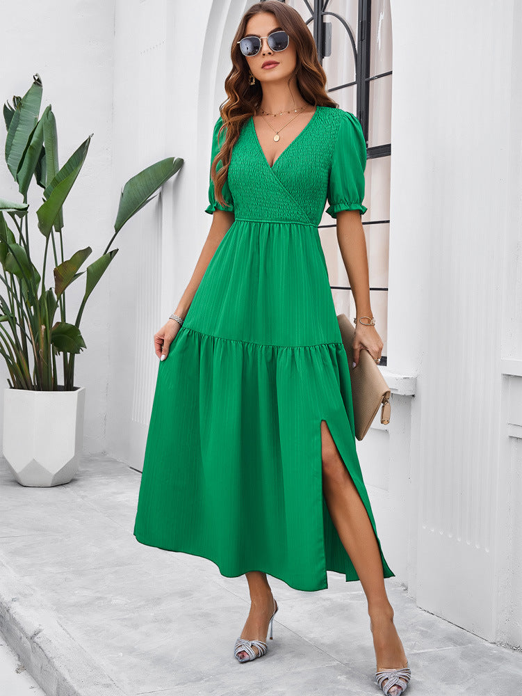 V-Neck Short Sleeved Long Dress