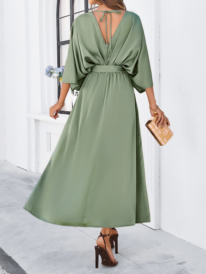 Green Elegant V-Neck Temperament Loose Dress