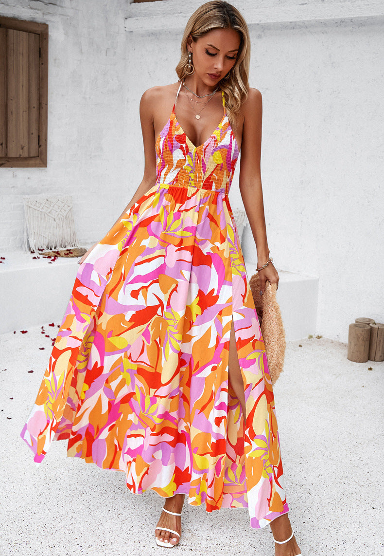 V-Neck Tie Back Printed Long Dress