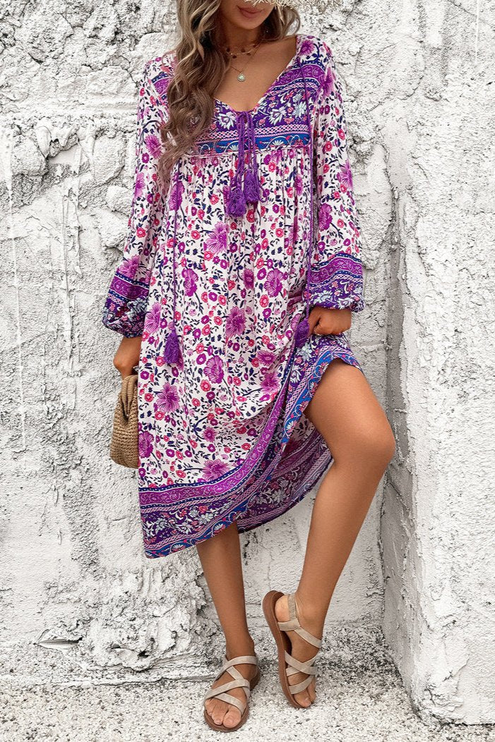 Stylish Floral Long Lantern Sleeve Midi Dress