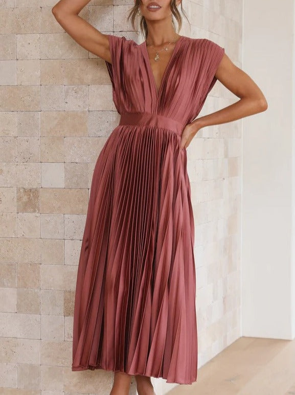 Brick Red Casual V-Neck Pleated Dress