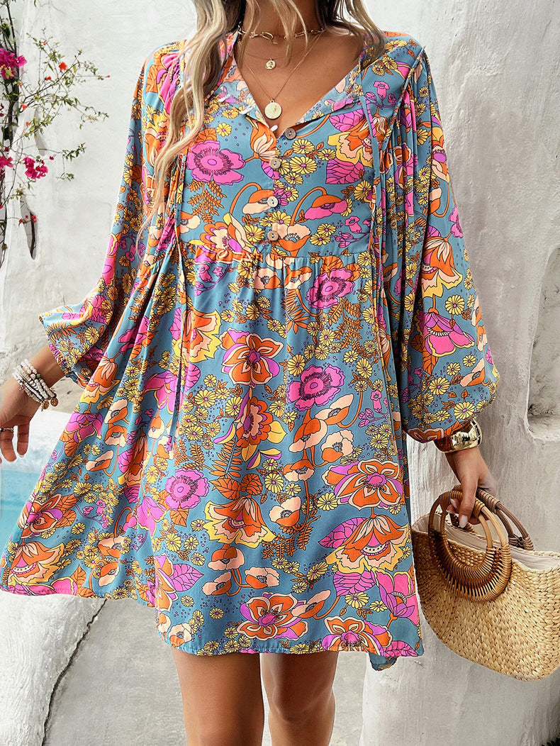 Sky Blue Leisure Printed Long-Sleeved Dress