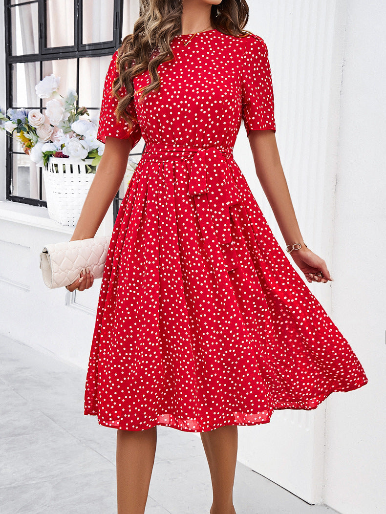 A-Linien-Kleid mit Rundhalsausschnitt und Retro-Polka-Dots-Print 