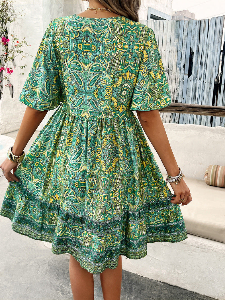 Retro Printed V-Neck Vacation Dress