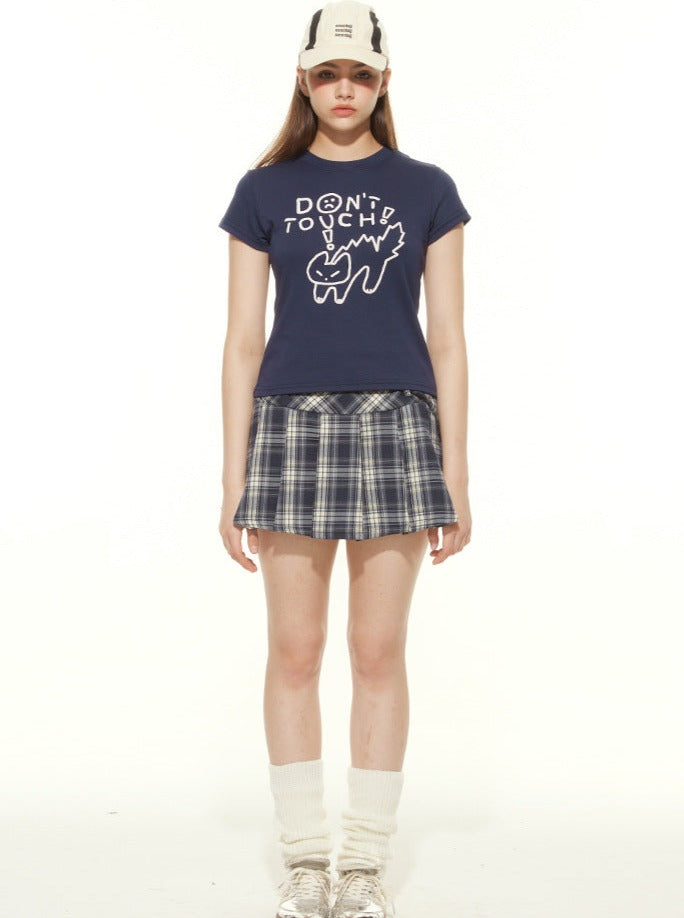 Blaues, kurzärmliges Crop-T-Shirt mit Katzen- und Schriftzug-Print 