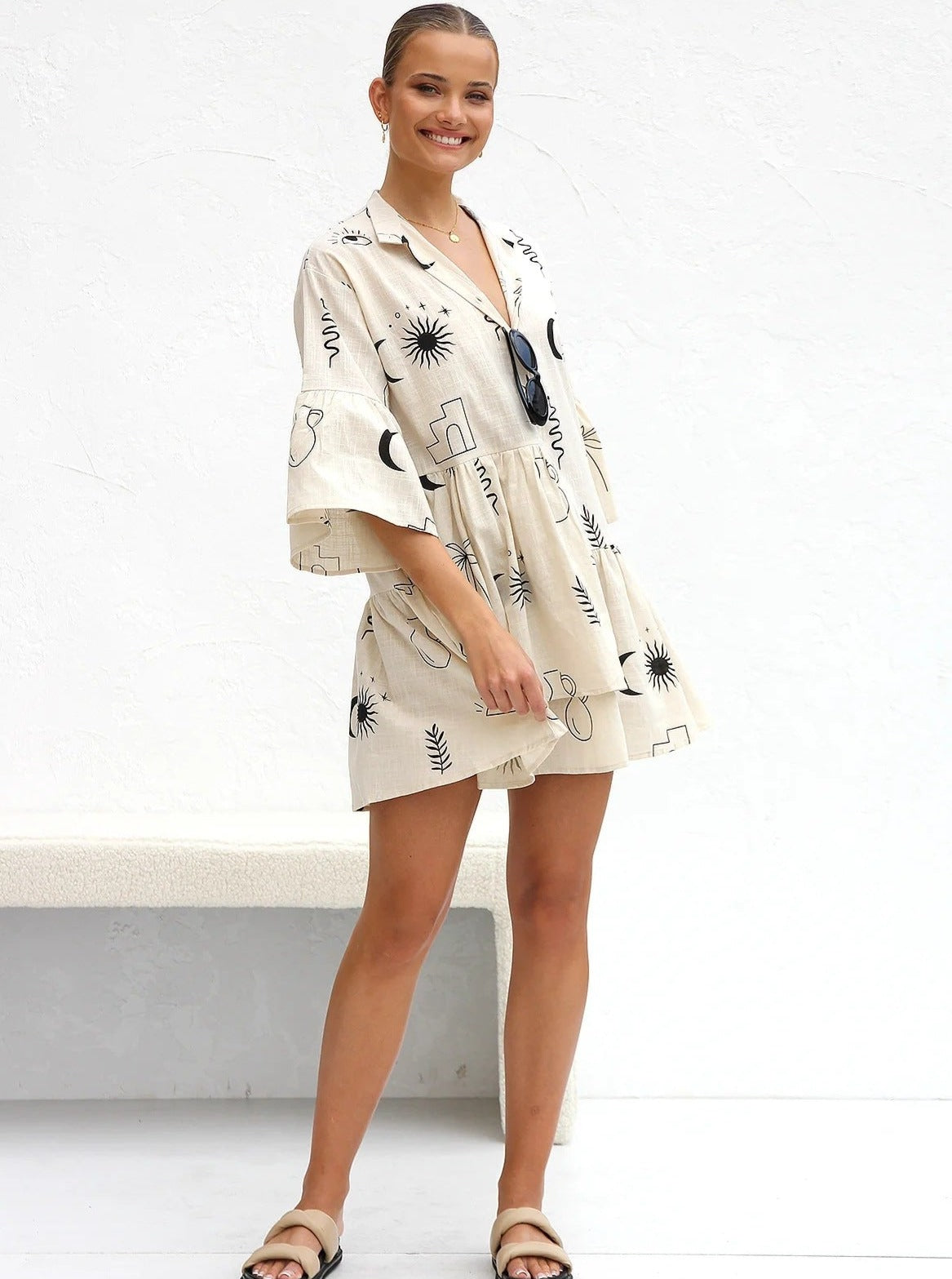 Simple Black Moon Ethnic Style Loose Shirt Short Dress