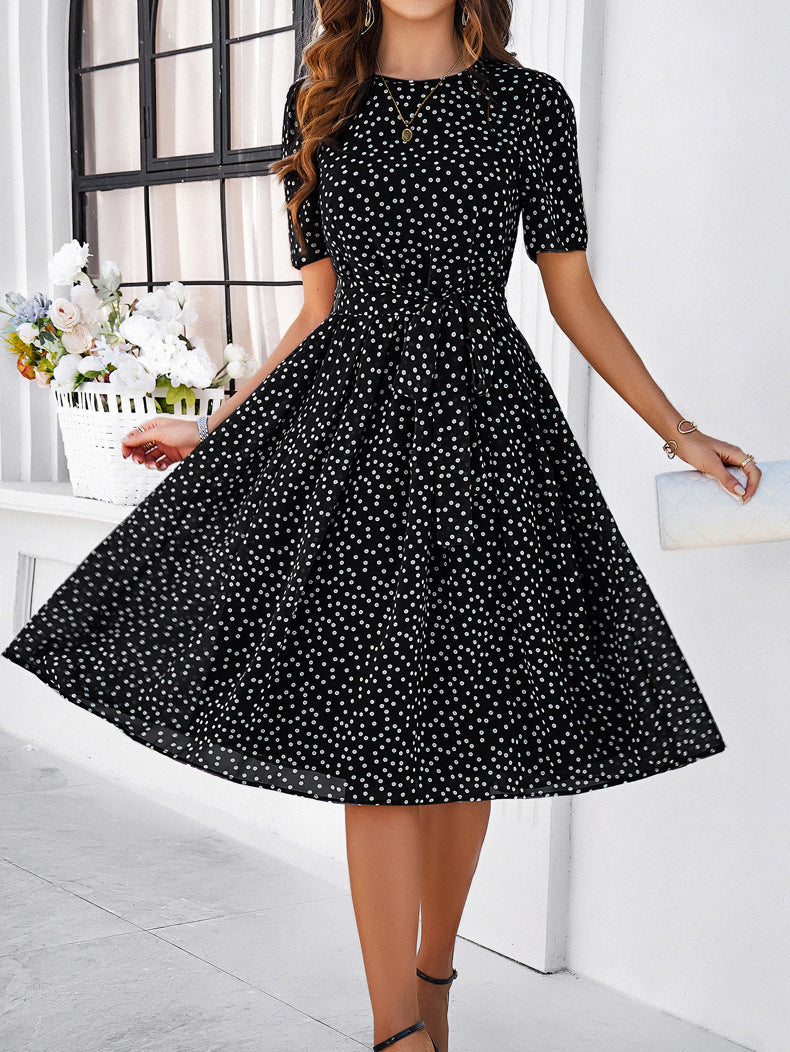 Elegant Black Chiffon Polka Dot Short Sleeve Midi Dress