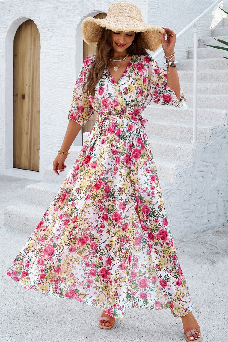 Robe mi-longue à imprimé floral, col en V, cache-cœur et ceinture 