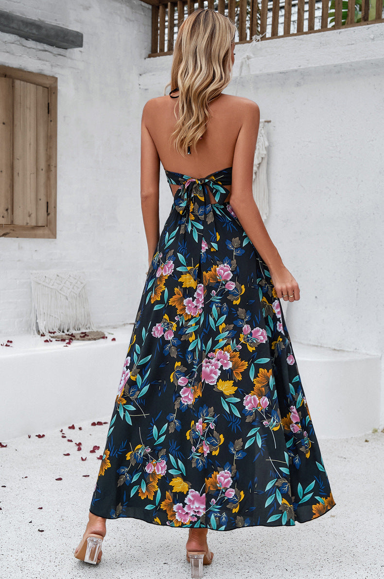 Classy Black V-Neck Halter Floral Maxi Dress