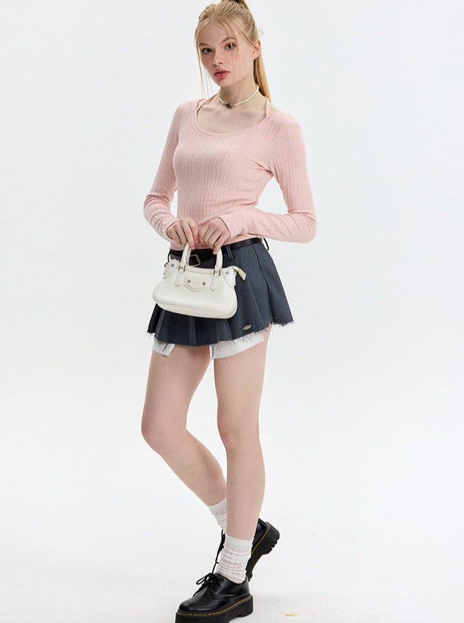 Embroidered Solid Color Round Collar Right Shoulder Bottoming Top