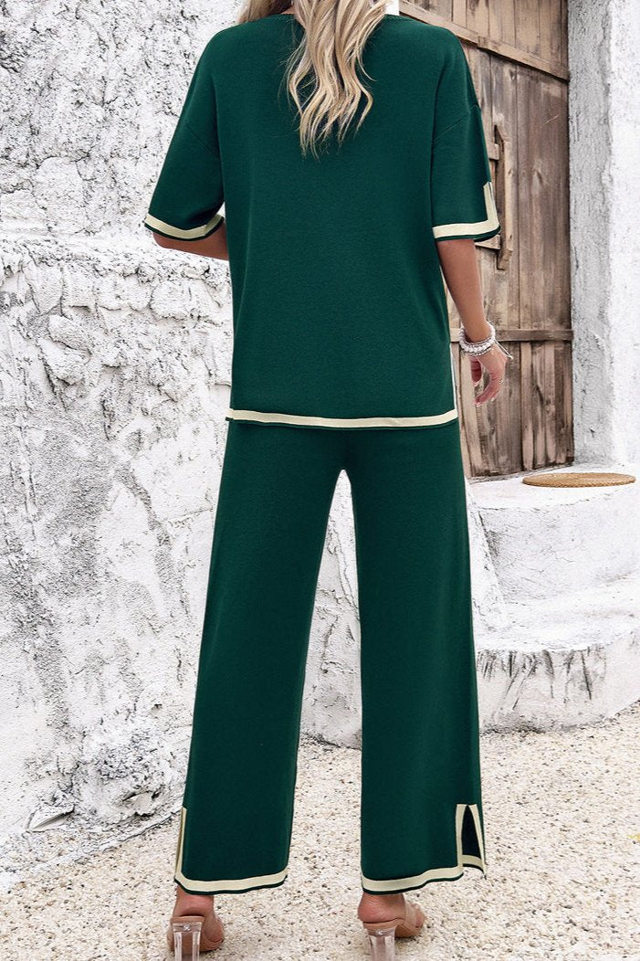 Ensemble haut et pantalon tricotés à manches courtes vert chic et décontracté 