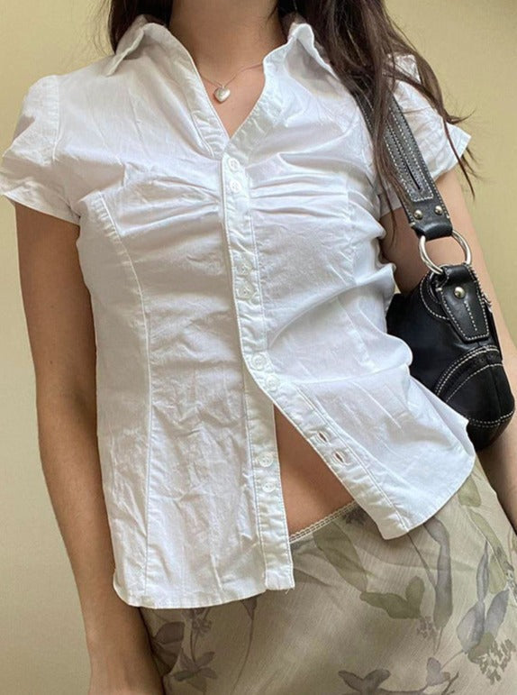 Women's Small Pleated Simple Back Strap Short Sleeve Shirt