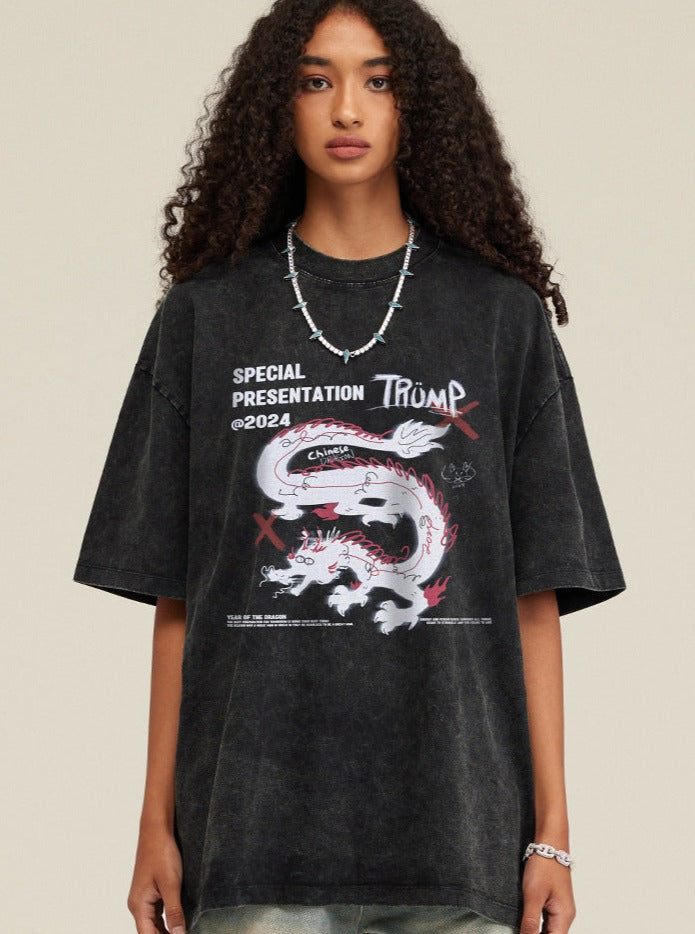 Schwarzes, lockeres Freizeithemd mit Drachen-Print 