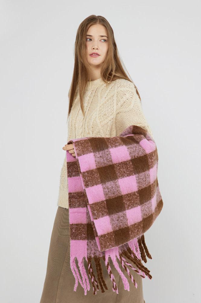 Pink Colored Plaid Long Tassel Scarf