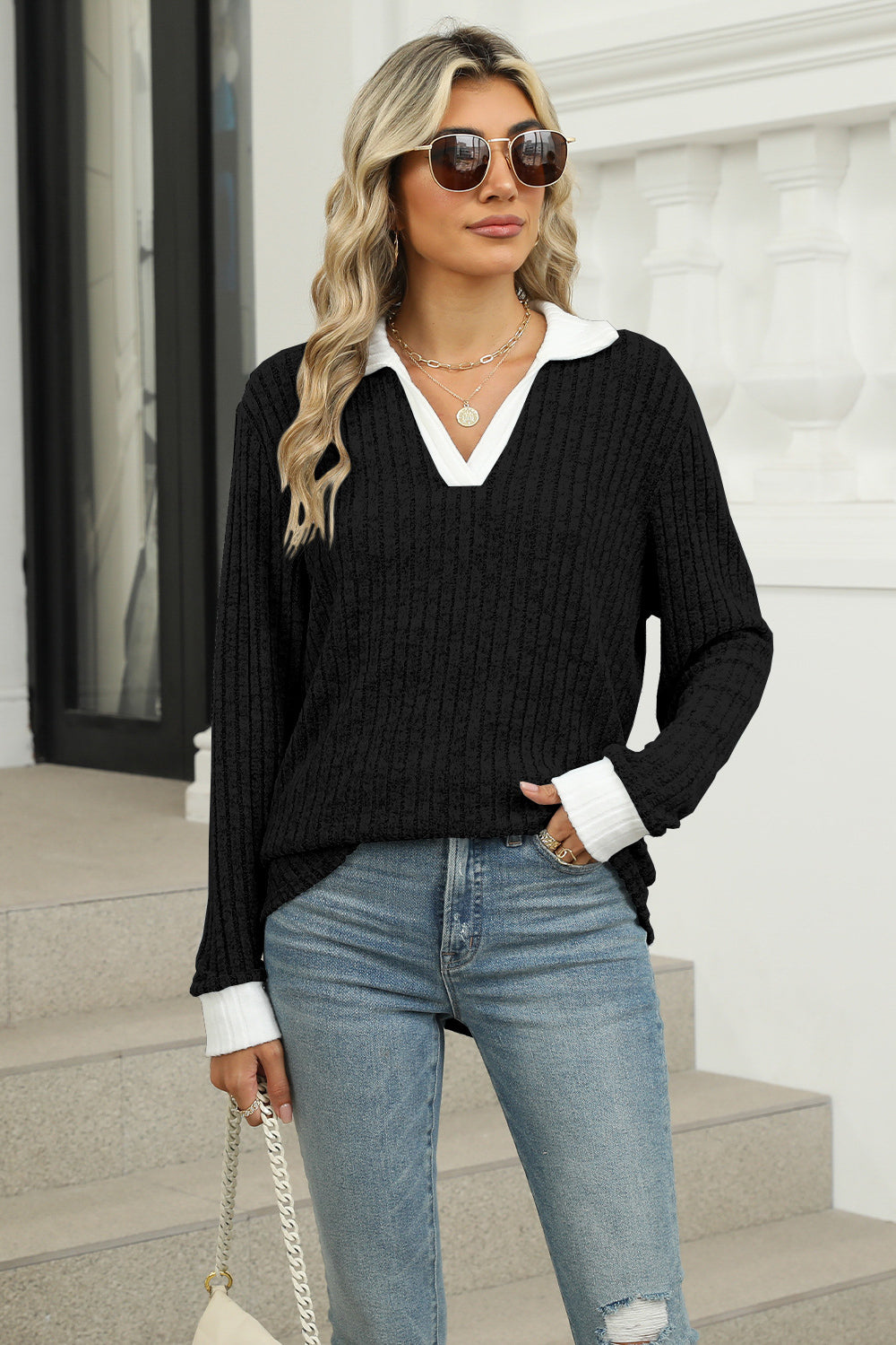 Damen Pullover mit Kragen, Langarm Strickpulli, Eleganter V-Ausschnitt, Freizeitmode