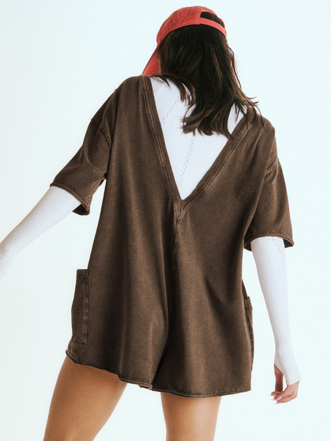 Brown Short Sleeve Pocketed Backless Rompers