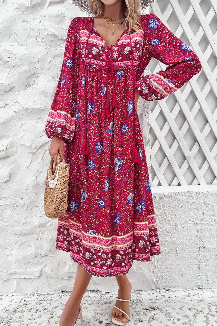 Stylish Floral Long Lantern Sleeve Midi Dress