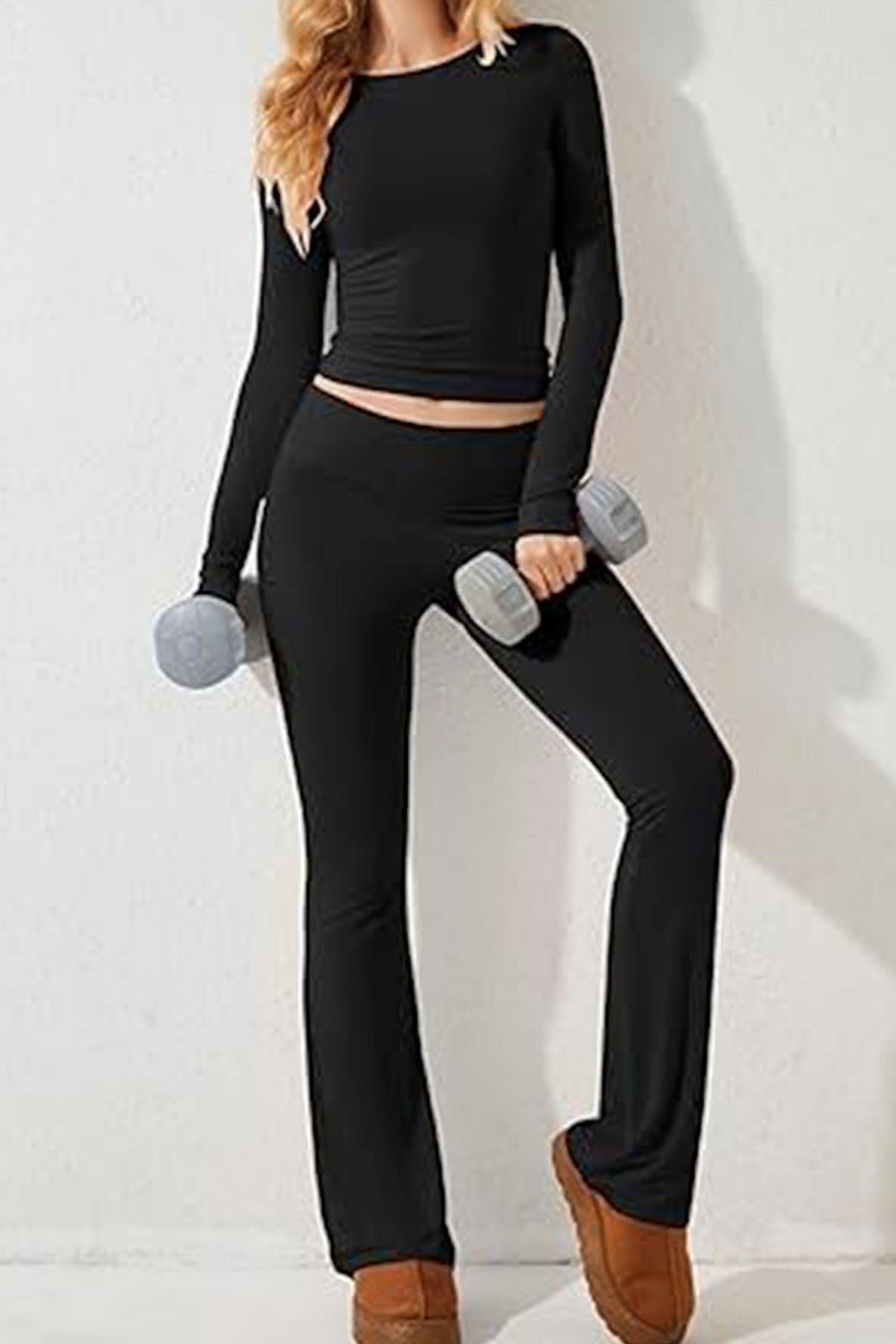 Two Piece Black Long Sleeve Crop Top Flare Pants Set