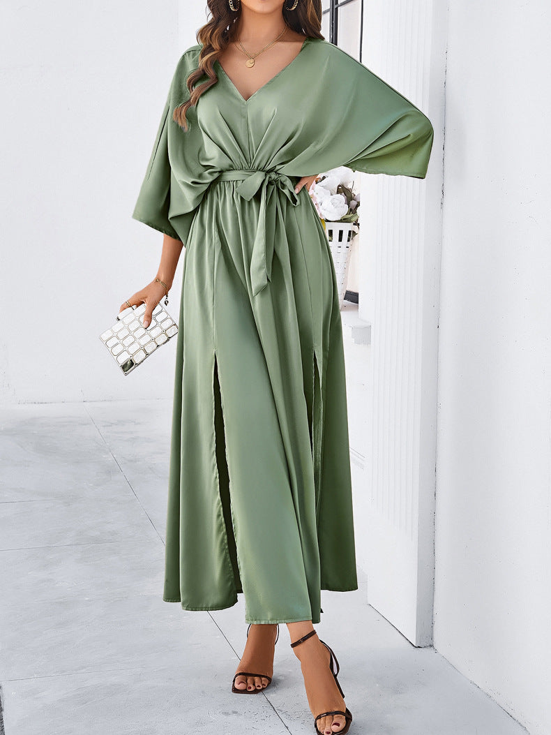 Green Elegant V-Neck Temperament Loose Dress