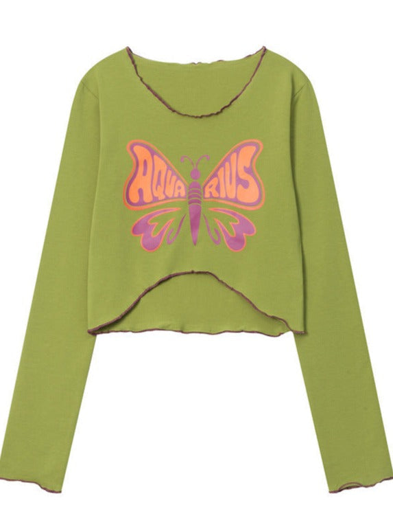 Slim Fit Butterfly Print Navel-Baring Long-Sleeved T-Shirt