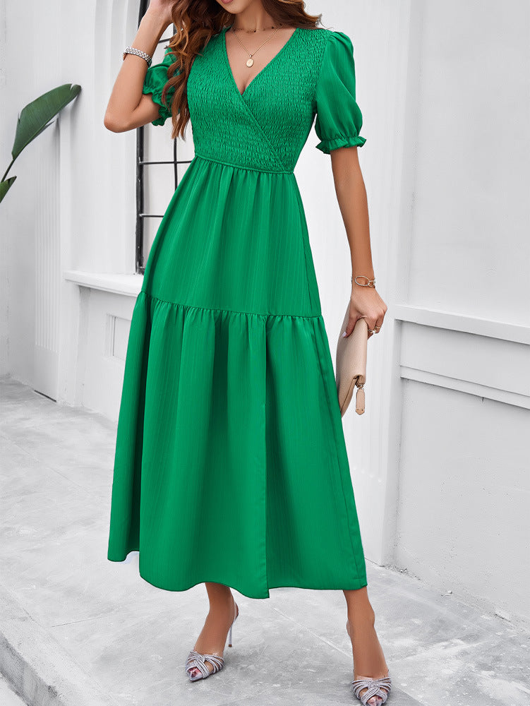 V-Neck Short Sleeved Long Dress