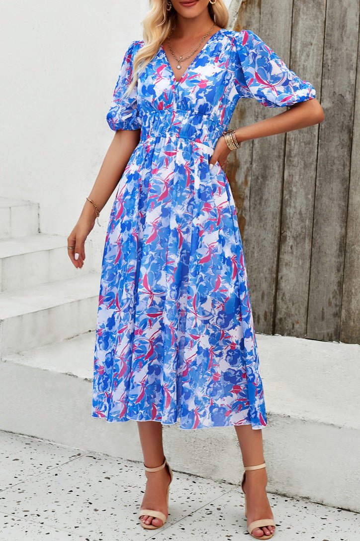 Blue Casual Floral V-Neck Puff Sleeve Midi Dress