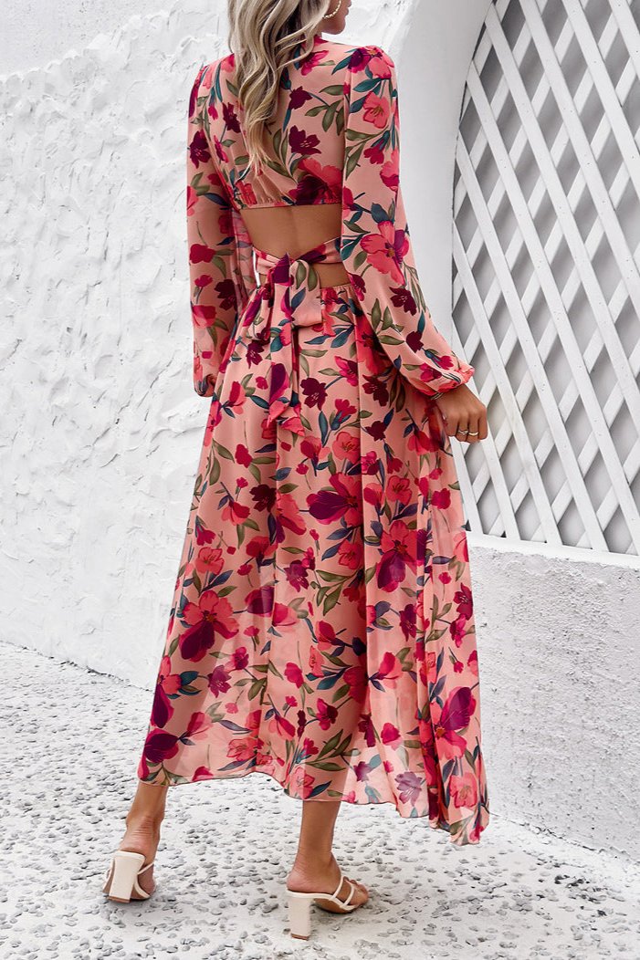 Long Sleeve Deep V-Neck Floral Maxi Dress