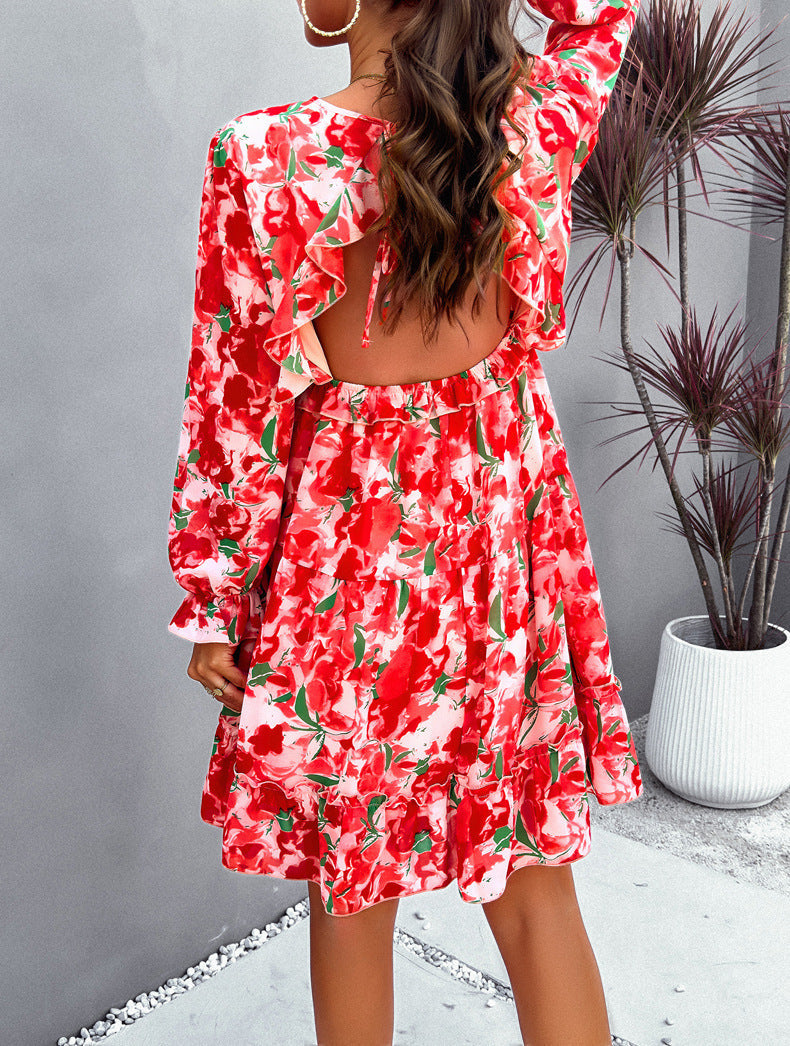 Red Temperament Floral Printed V-Neck Long-Sleeved Dress