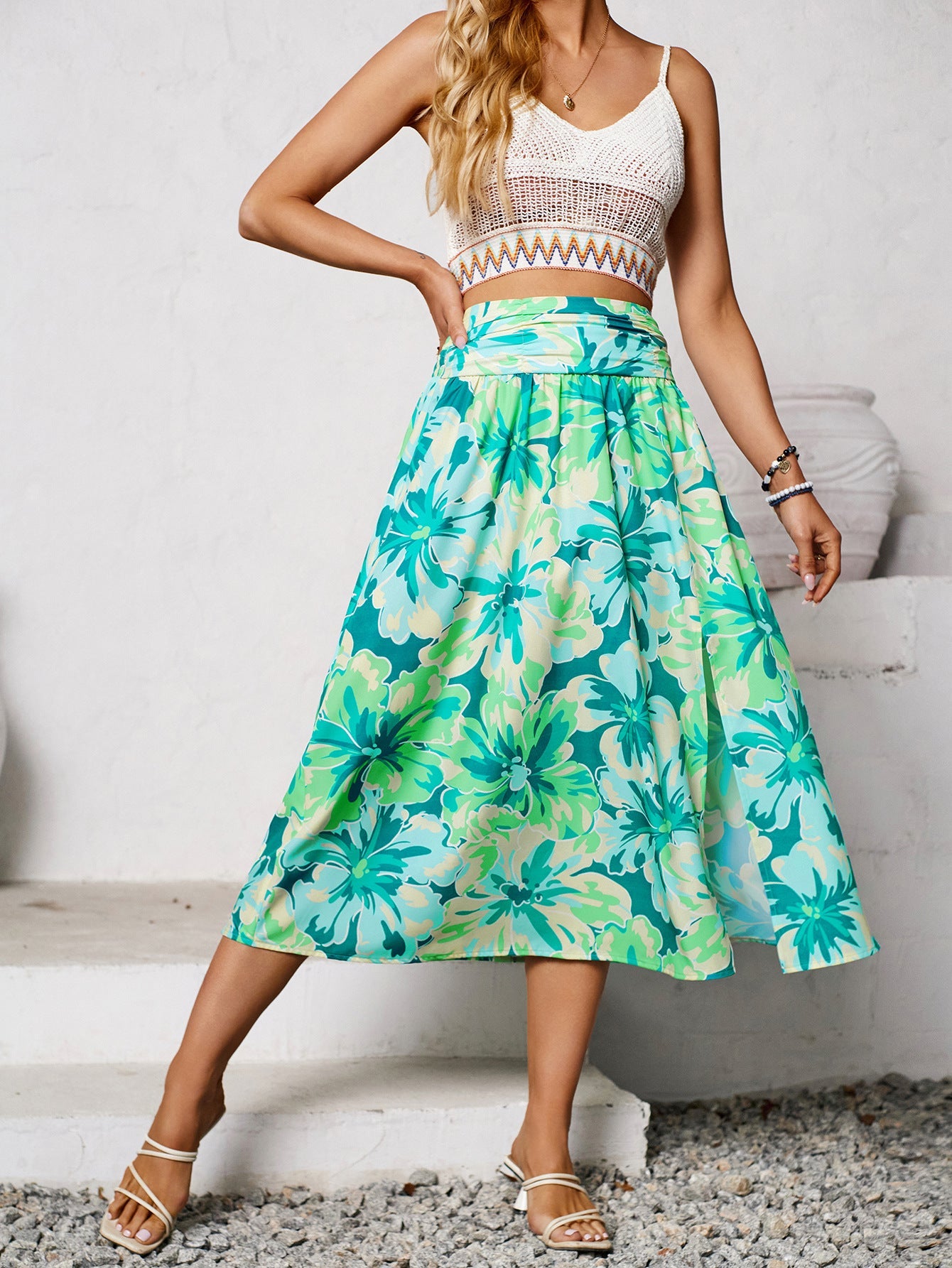 Casual Floral Printed Midi Slit Skirt
