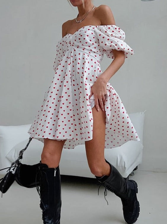 Heart Printed Off-Shoulder Loose Mini Dress