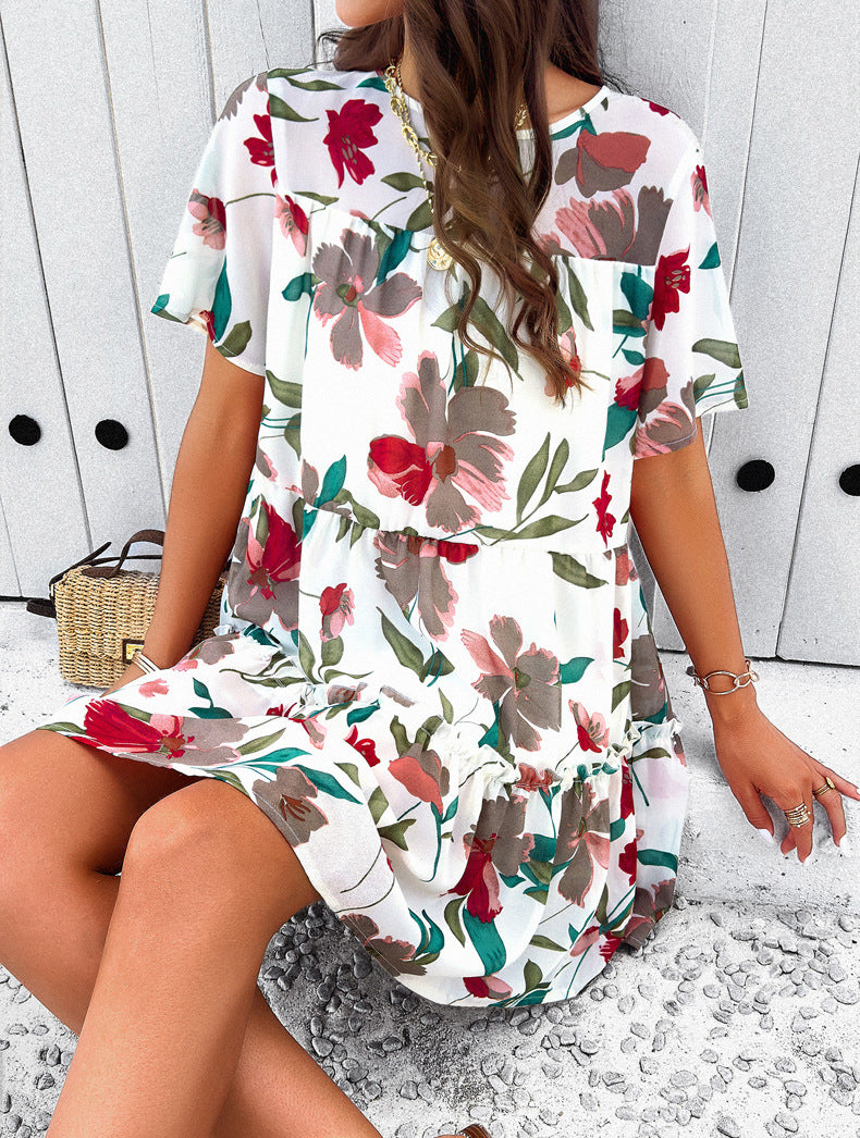 White Leisure Vacation Printed Short-Sleeved Dress