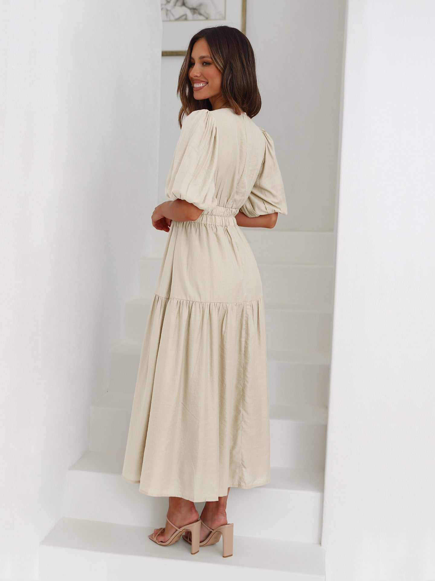 Apricot Deep V-Neck Puff Sleeve Layered Dress