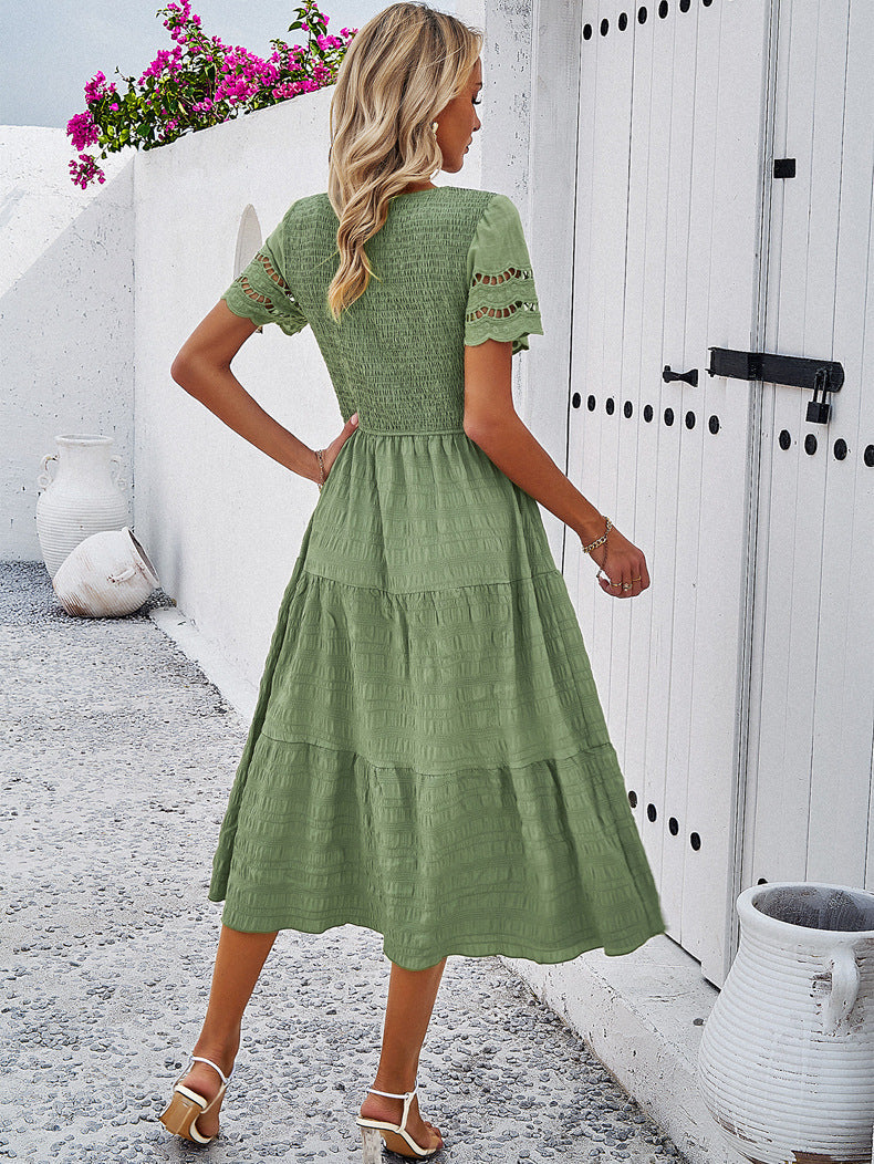 Green Elegant Layered Hollow Dress