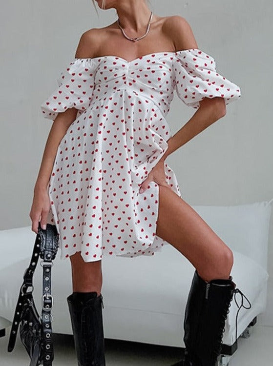 Heart Printed Off-Shoulder Loose Mini Dress