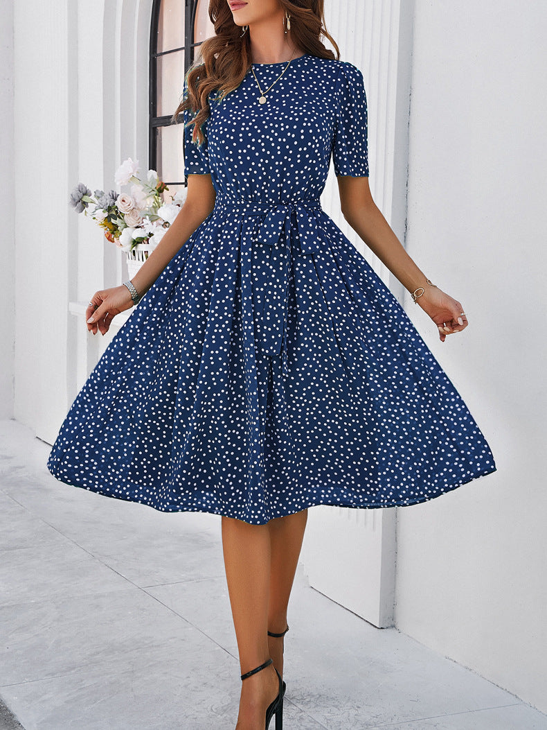 Polka Dot Chiffon Classy Blue Short Sleeve Midi Dress