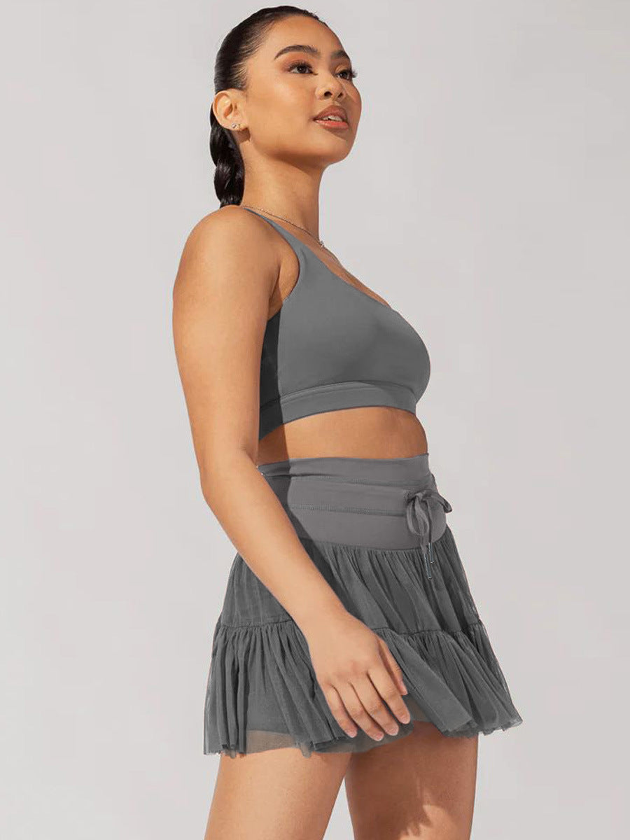 Gray High Waist Drawstring Pleated Skirt