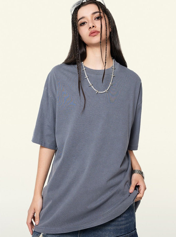 Trendiges, einfarbiges, lockeres Vintage-T-Shirt mit halblangen Ärmeln 