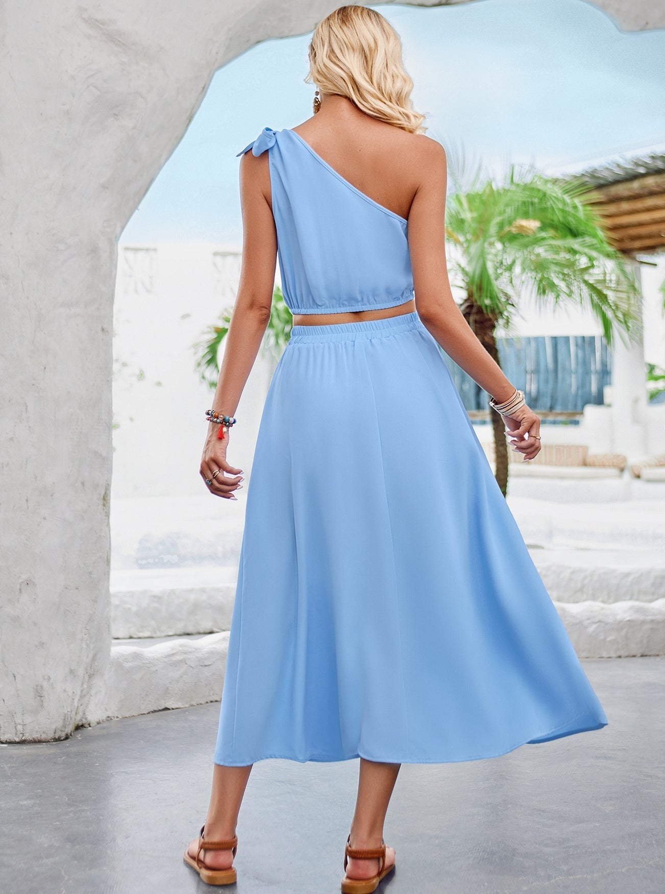 Two Piece One Shoulder Asymmetrical Top High Waisted Skirt