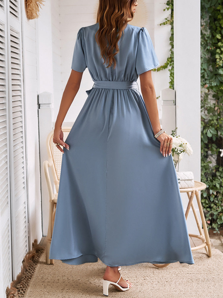 Cross-Border Solid Color Short Sleeve Slit Dress