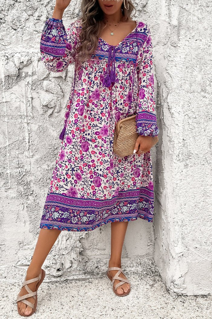 Stylish Floral Long Lantern Sleeve Midi Dress